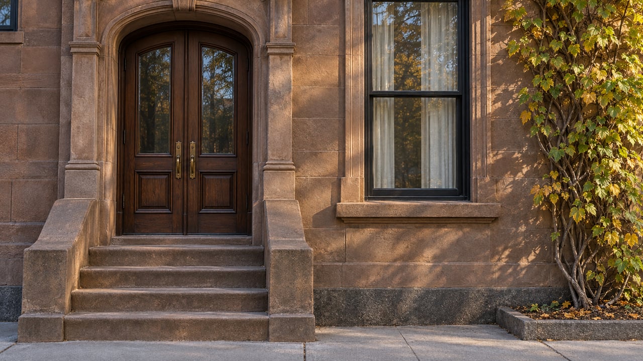 Morning light skims a worn sandstone townhouse entrance with paired oak doors, a tall sash window and yellowing climbing hydrangea.