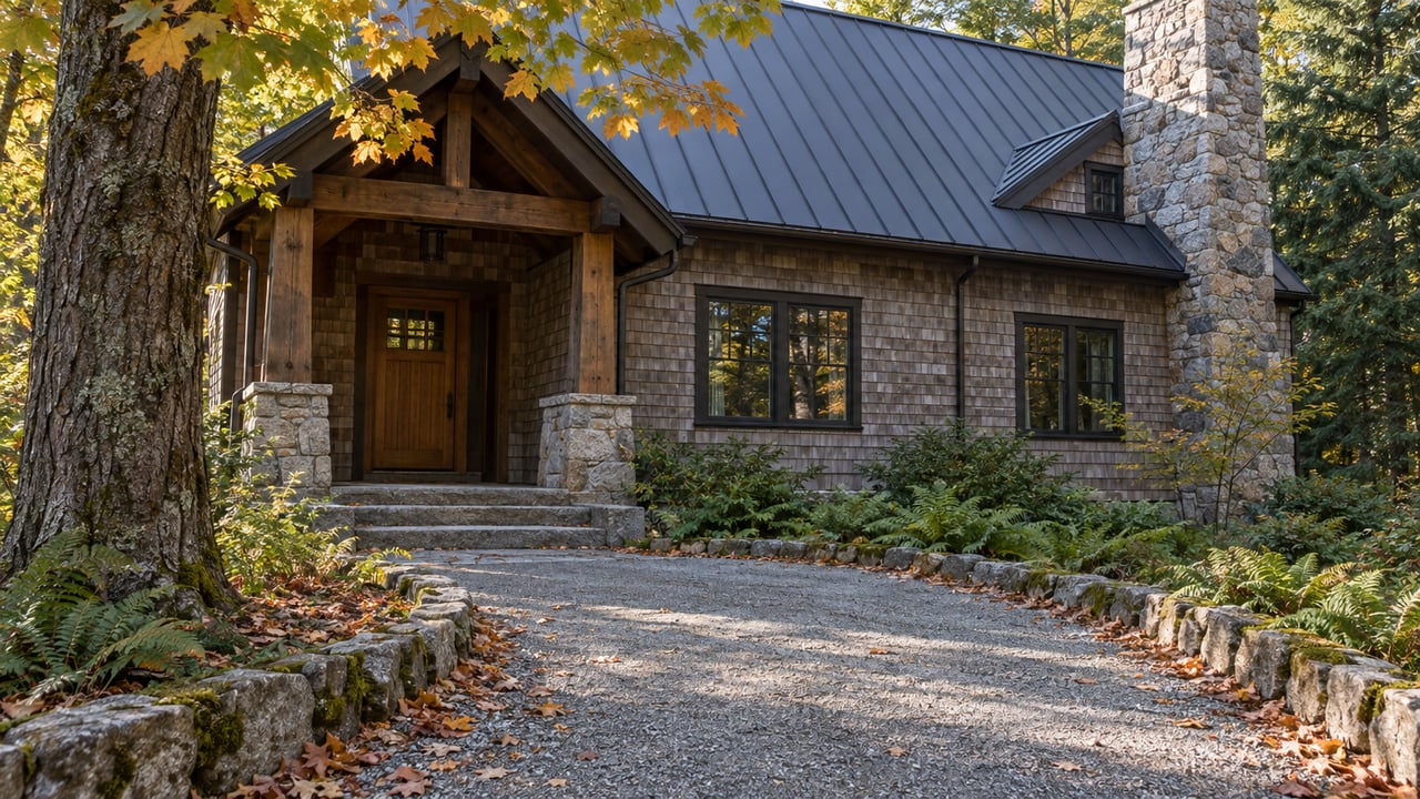 Cedar-shingled house with a covered entrance, granite chimney, and curving stone-dust approach beneath maple trees.