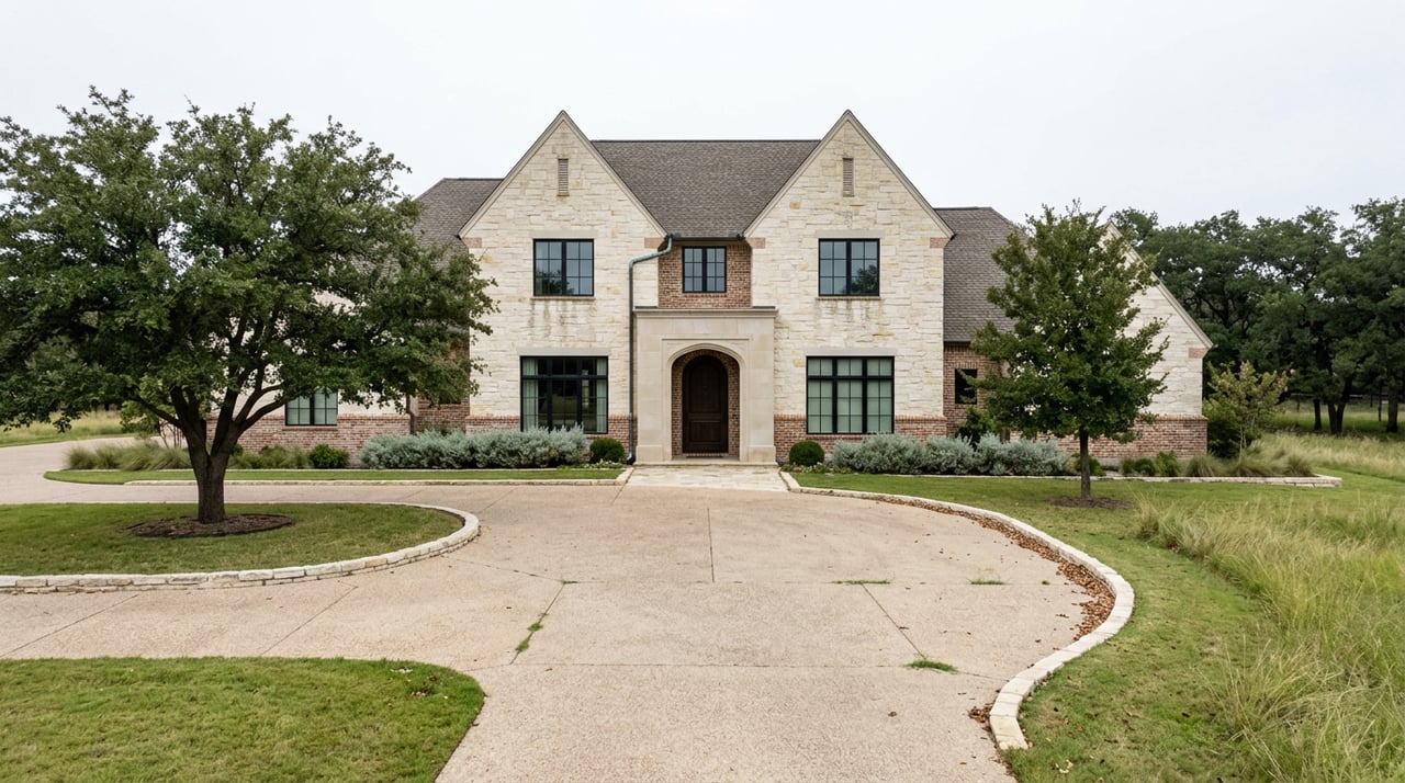 Stone-and-brick estate house set beyond a long curving drive, with open lawn, pasture grasses, and mature oaks.