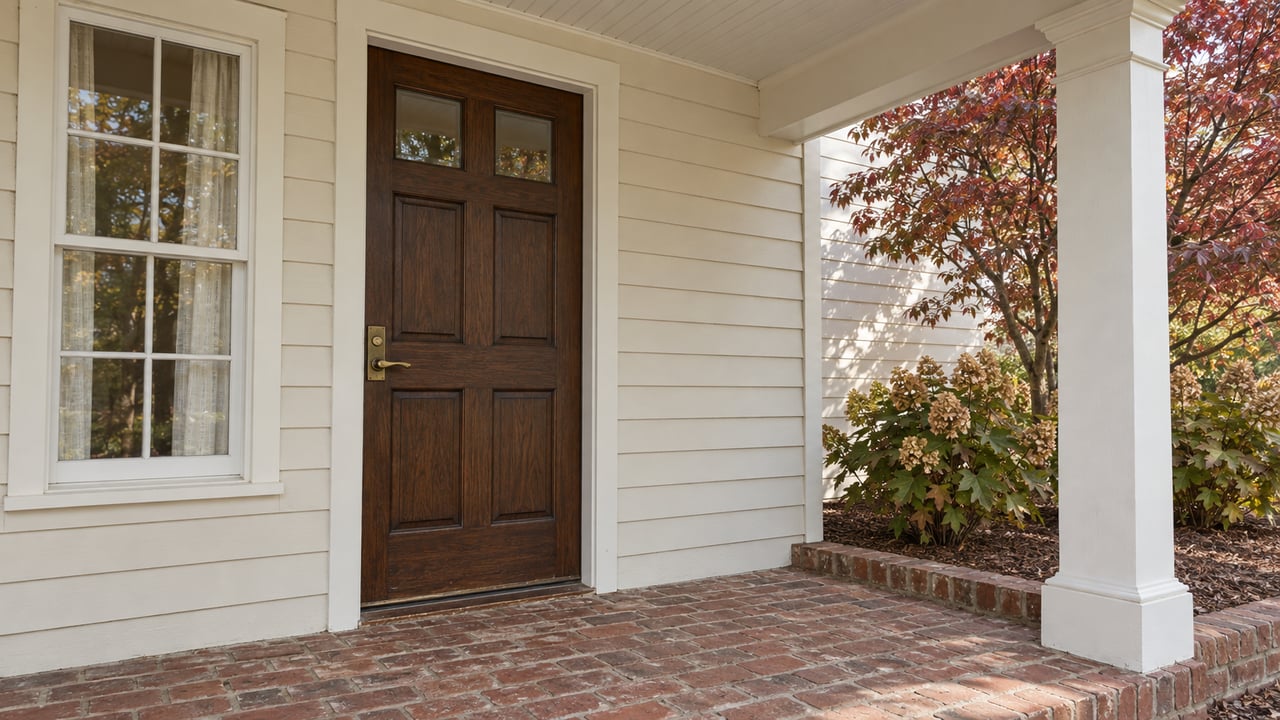 An oak front door and cream clapboard wall above a worn brick porch, with autumn dogwood and oakleaf hydrangeas beside a white porch column.