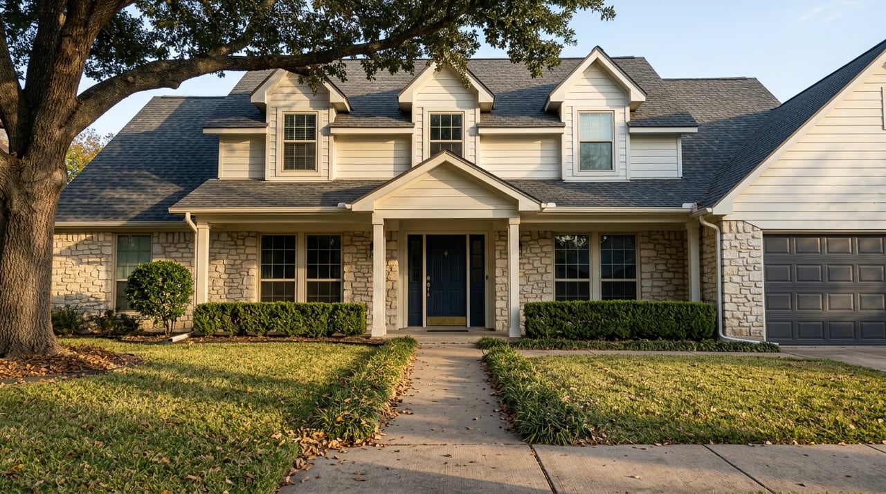 Two-story suburban home with a fieldstone facade, navy entry door, attached garage, broad lawn, and mature oak.