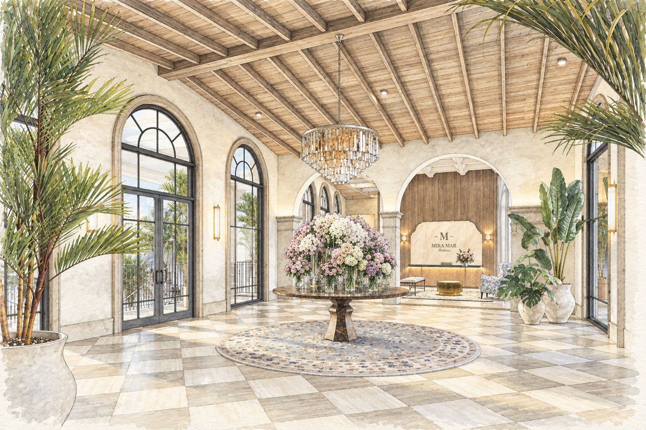 Mira Mar Residences lobby with arched windows, a wood-beamed ceiling, and a floral centerpiece.
