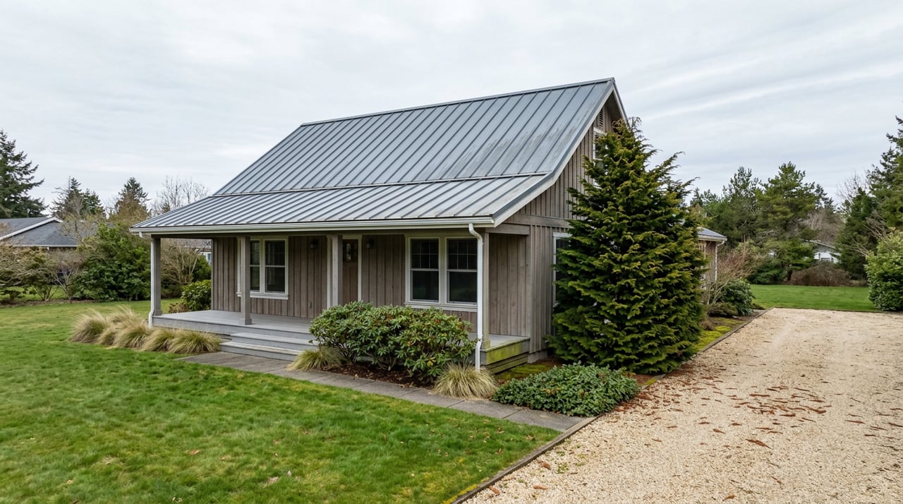 Single-story cottage with a gray metal roof, covered porch, deep lawn, gravel drive, and mature cedar.