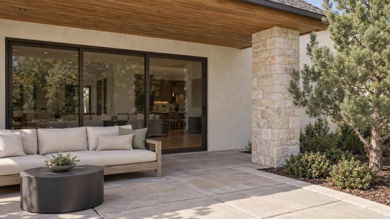 Covered patio with cream stucco, limestone pier, bronze sliding doors and teak seating beside a sculptural pine.