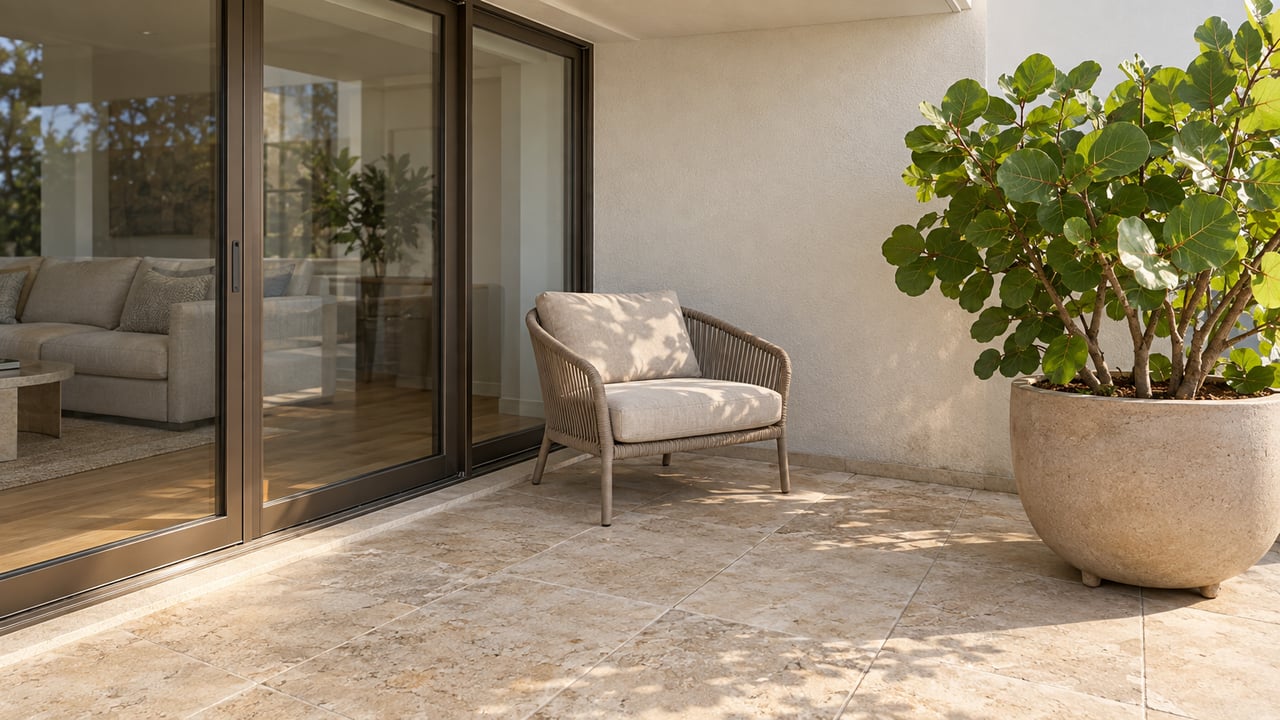 A limestone-paved condominium terrace with bronze-framed glass doors, a woven lounge chair and a potted sea grape tree.