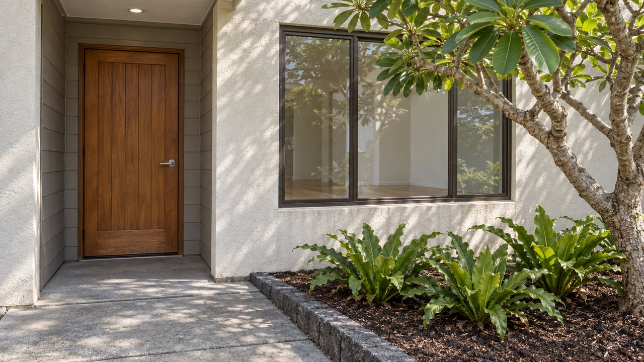 Home entrance with a wooden door, large window, and tropical plants along the walkway.