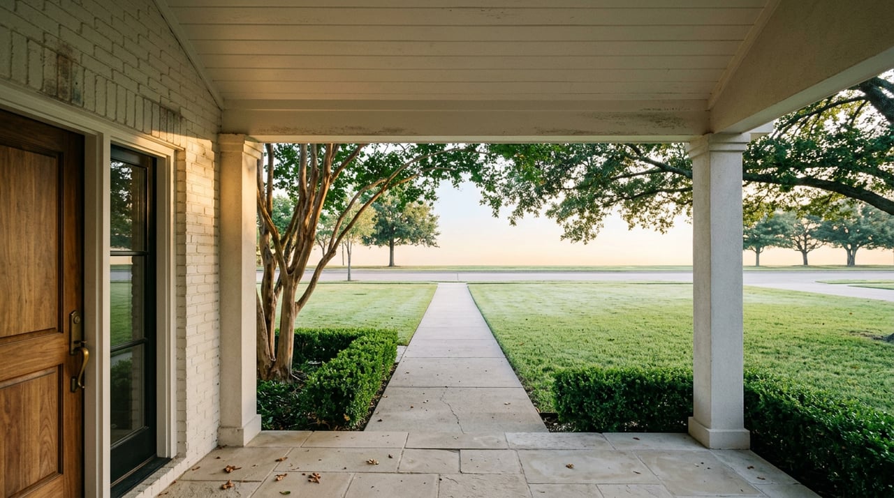 Covered brick entry with a walnut door, limestone landing, and walkway crossing a dew-covered lawn.