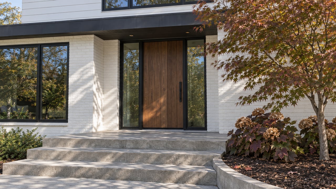 White brick and black-trimmed home entry with walnut door, broad concrete steps and autumn Japanese maple beside oakleaf hydrangeas.