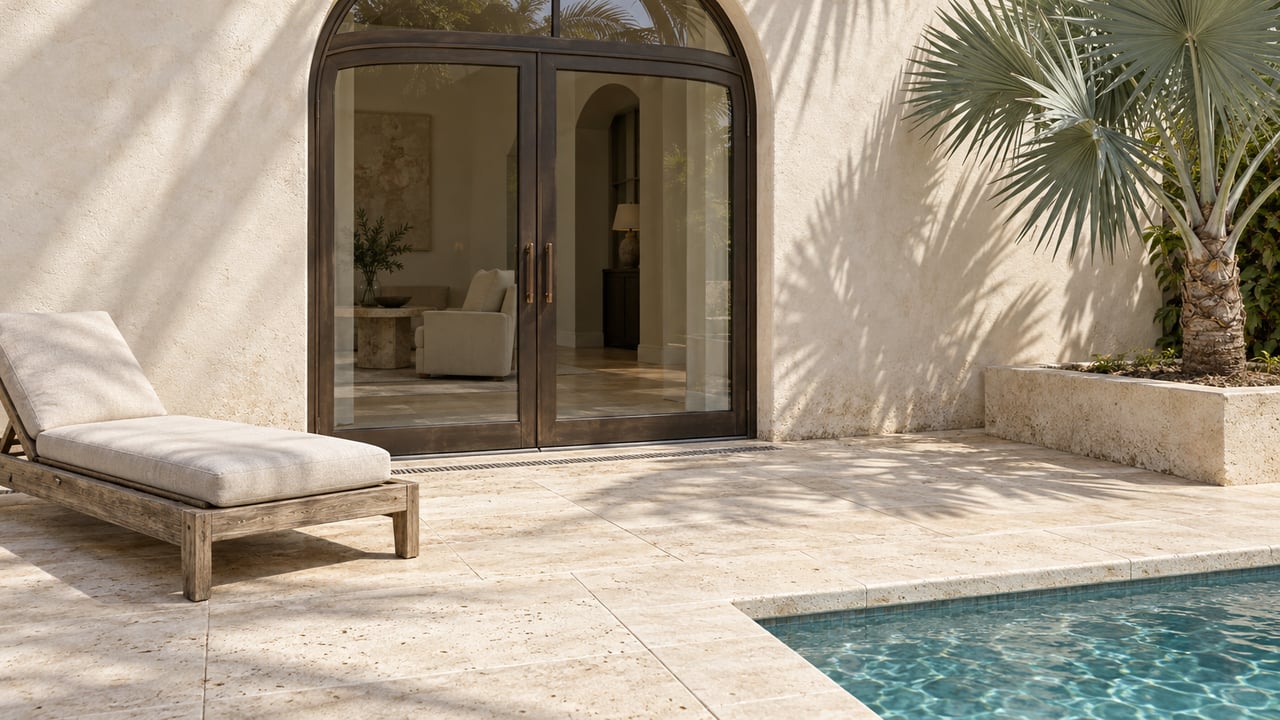Cream stucco home with arched bronze-framed glass doors, a weathered teak chaise, pale stone pool terrace and a silver fan palm.