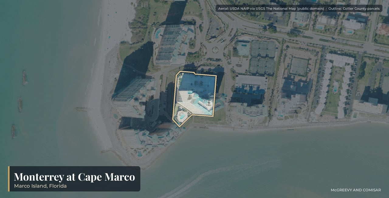 Aerial view of Monterrey on Marco Island, Florida, the 20-floor 1996 tower inside gated Cape Marco on the Gulf