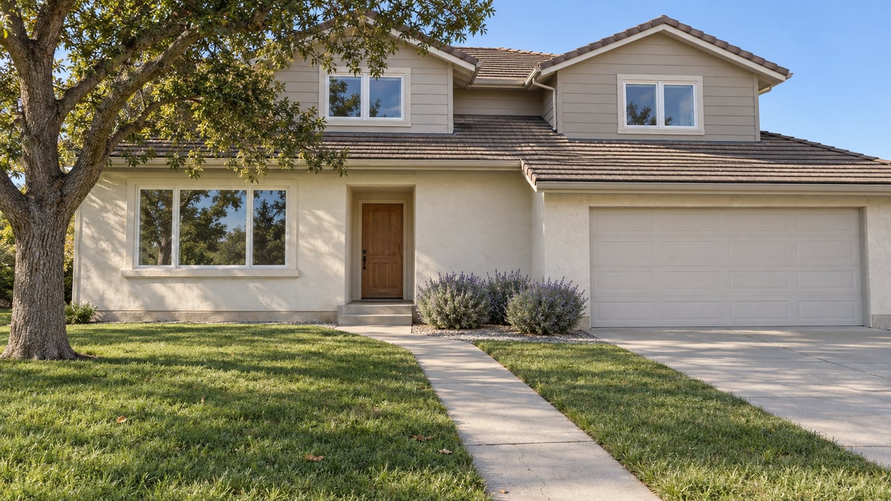 Sunlit two-story stucco-and-siding home behind a deep lawn, with a mature oak and concrete entry walk.