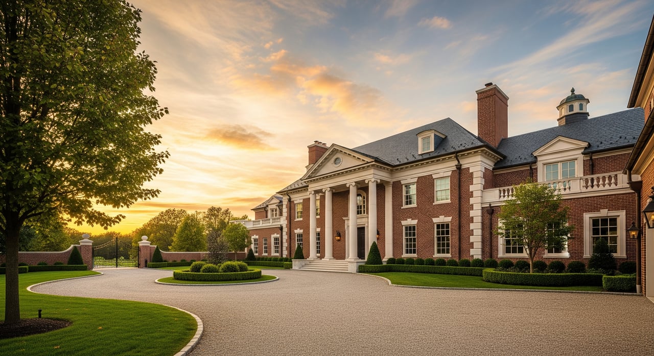Large red-brick mansion with white columns, a circular driveway, and a landscaped lawn at sunset.