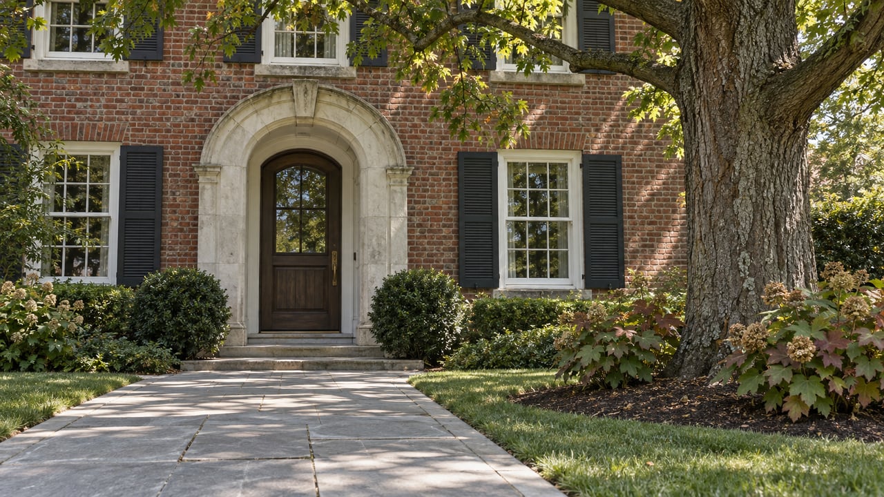 Red-brick home with an arched limestone entry, a mature white oak, and a stone approach bordered by lawn and oakleaf hydrangeas.