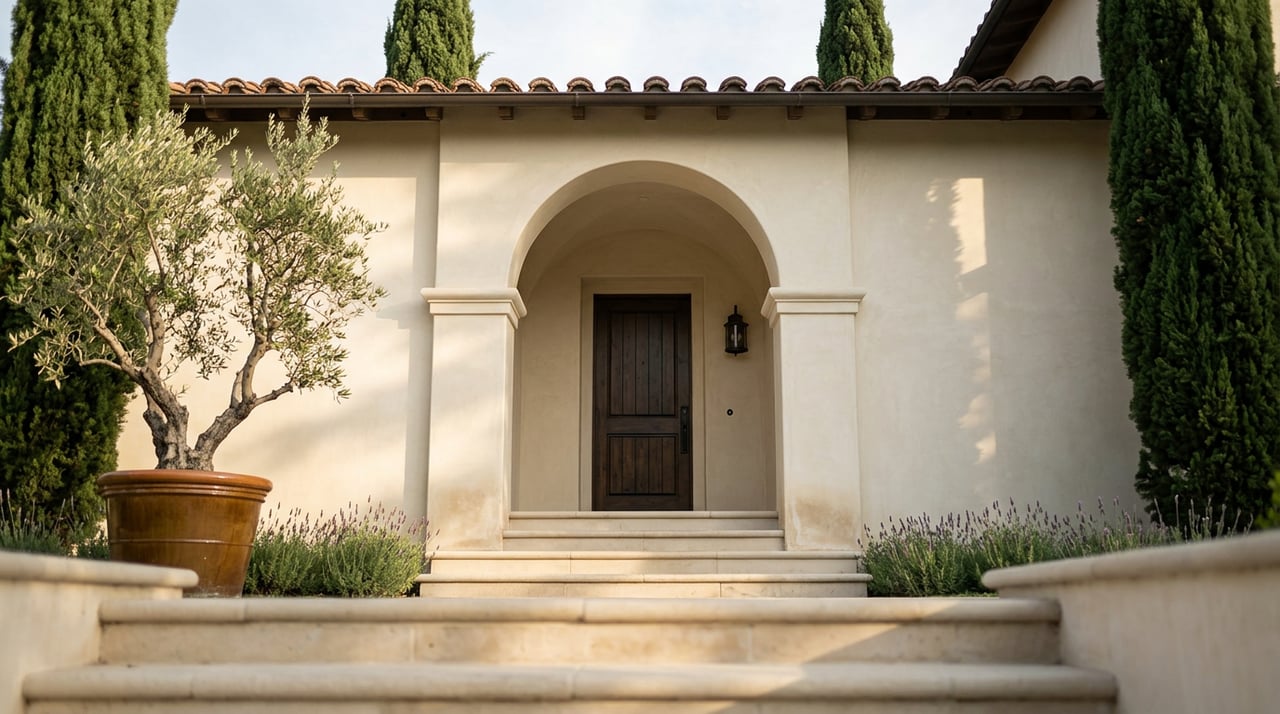 Recessed stucco archway with a dark wood door, stone steps, potted olive tree, and columnar cypress.