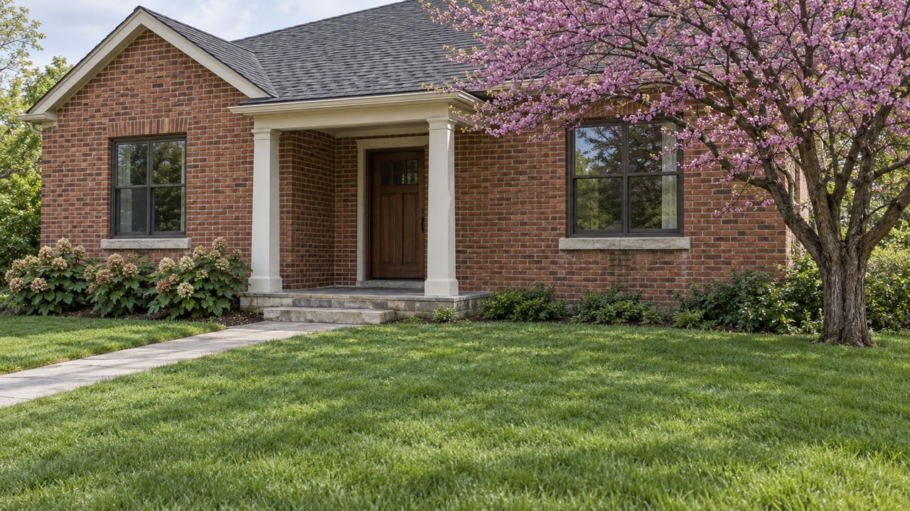 Brick house with a covered porch, deep lawn, winding walkway, and spreading tree beside the facade.
