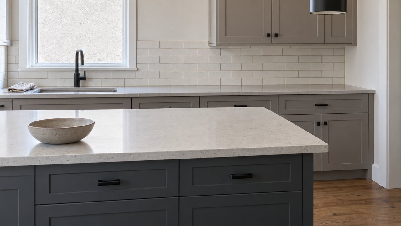 Close view of a charcoal kitchen island with honed quartz, warm-gray cabinetry and soft daylight from a closed window.