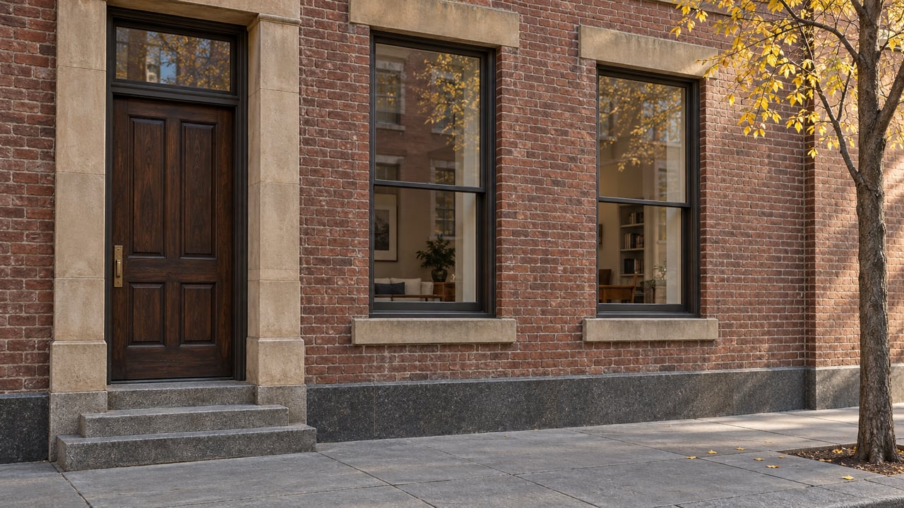 Morning light on a red-brown brick residential facade with tall windows, a paneled oak entrance and yellow autumn leaves beside a granite-edged sidewalk tree opening.