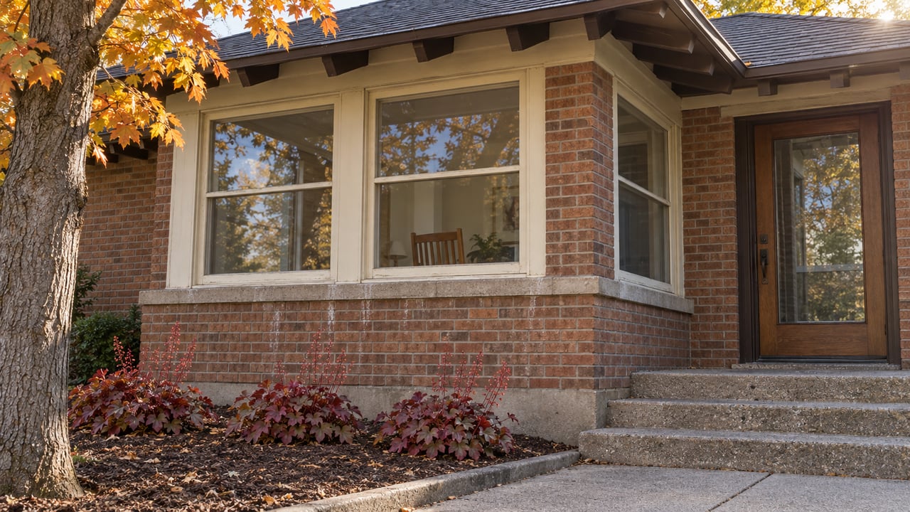 Morning light on a brick bungalow's enclosed porch, cream timber windows, worn concrete steps, and amber maple leaves.