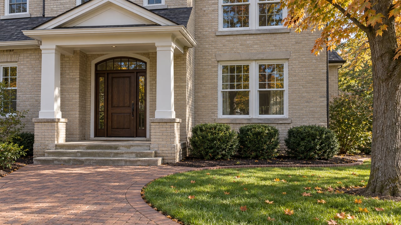 Cream brick home with a columned front porch, curved clay-paver walk and amber maple leaves beside a broad lawn.