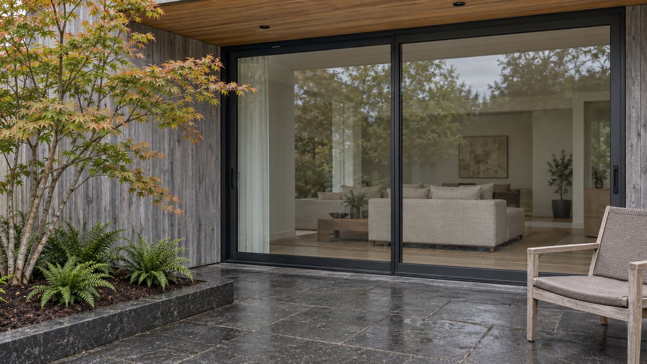 A cedar-clad home with closed black-framed glass doors, a basalt terrace, one teak chair and a vine maple beside sword ferns.