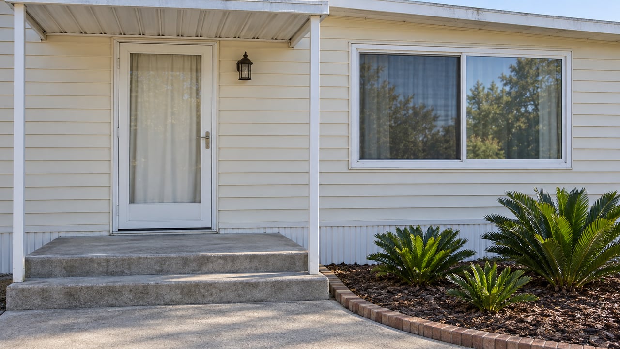 Cream-sided manufactured home with a shaded glazed entry, paired window, concrete steps and three coontie plants in a brick-edged bed.