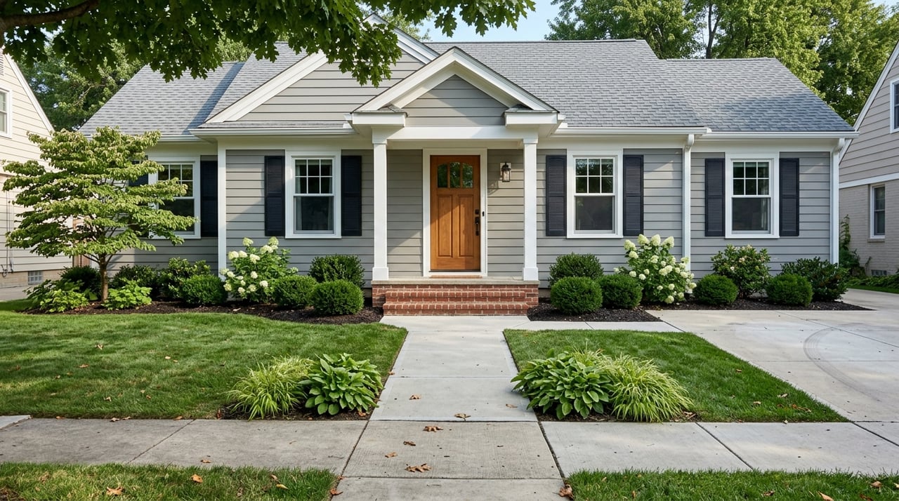 House porch approached by a sidewalk beneath a mature deciduous canopy.