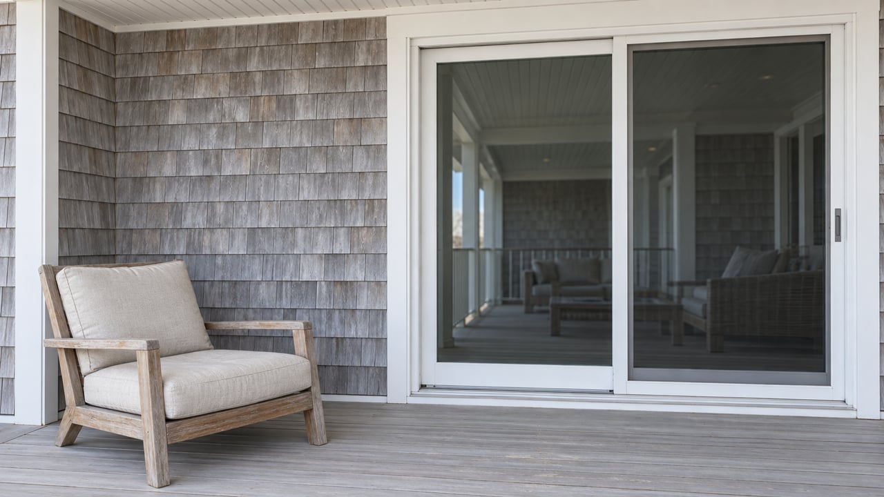 Weathered cedar shingles and closed glass doors beside a teak lounge chair on a covered elevated deck.