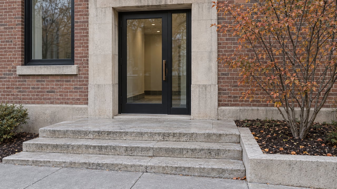 Brick residential entrance with a glazed black door, worn limestone steps and copper-colored serviceberry leaves.