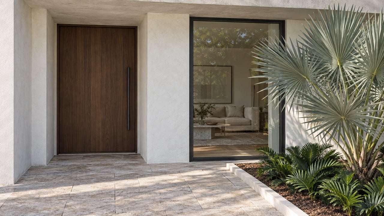 Recessed walnut entry door beside a black-framed window overlooking a living room, with a silver palmetto in a planted bed.