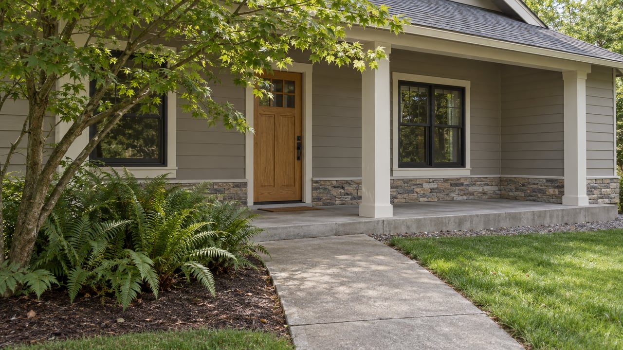 Established home with gray lap siding, oak door, porch, vine maple, ferns, and concrete walk.