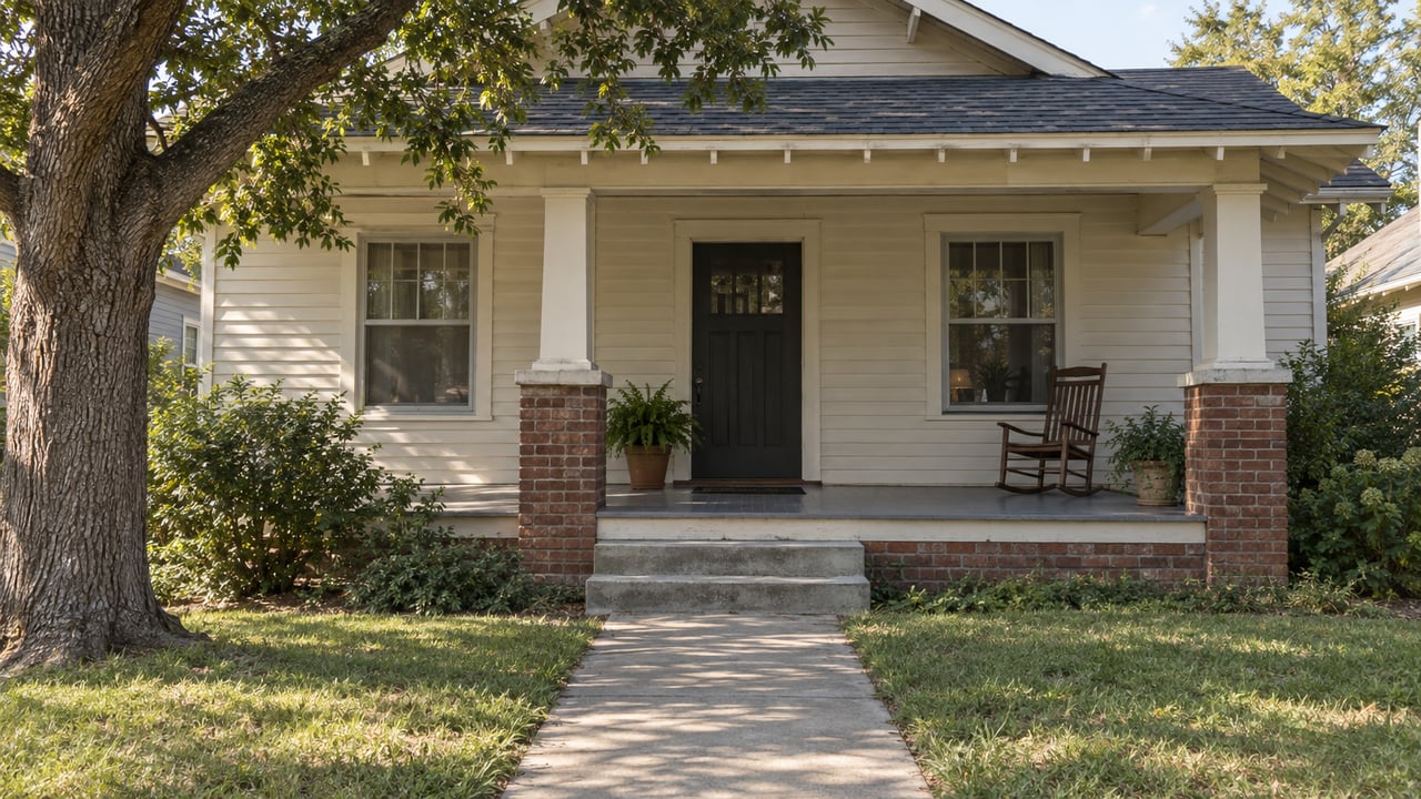 Cream clapboard bungalow with a covered porch, red-brown brick piers, and a concrete walk beneath an oak.