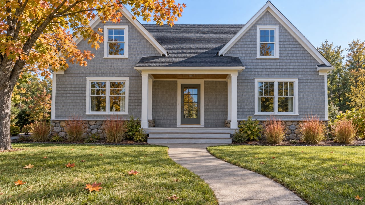 Gray shingle cottage with white-trimmed windows, a covered porch and deep autumn lawn beside an amber sugar maple.