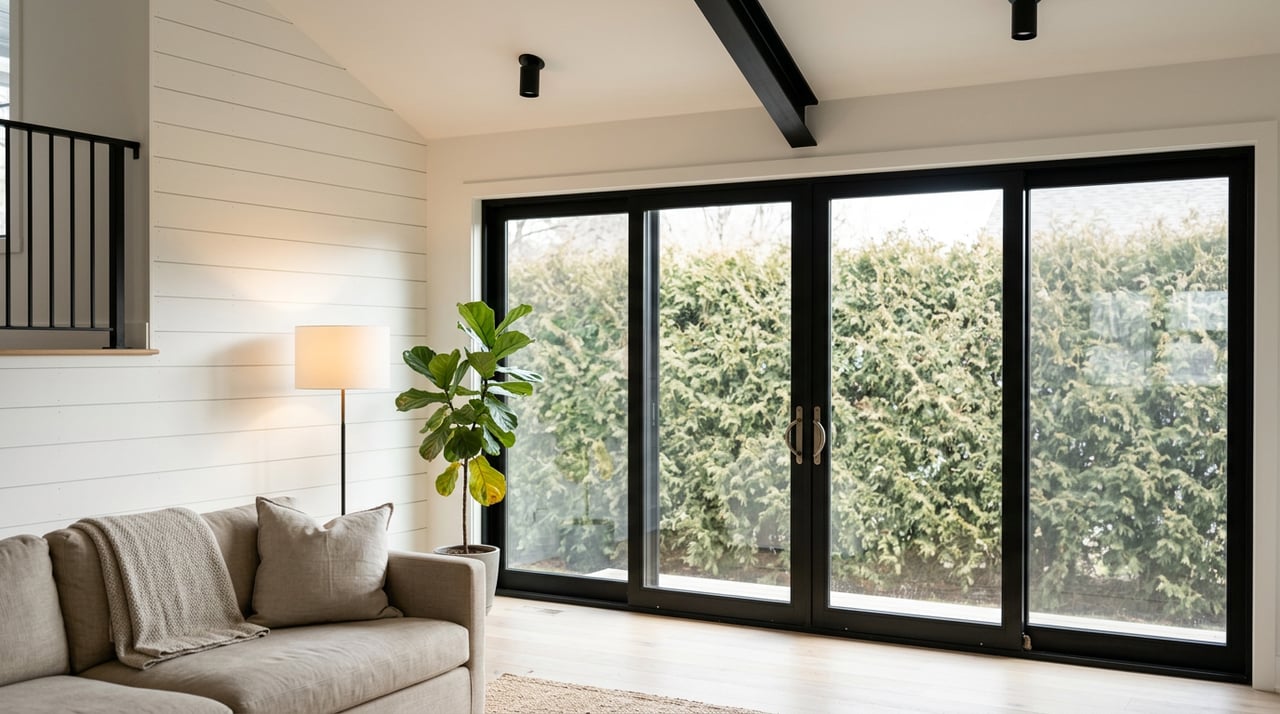 Great room with black steel-framed glass doors, a fiddle-leaf fig, white oak floors, and a linen sofa.