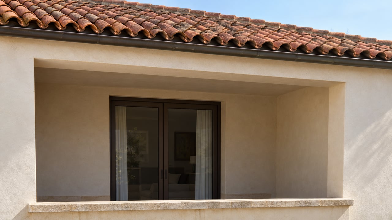 Ivory stucco home with a recessed balcony, closed glass doors, terracotta eaves, and a potted olive tree.