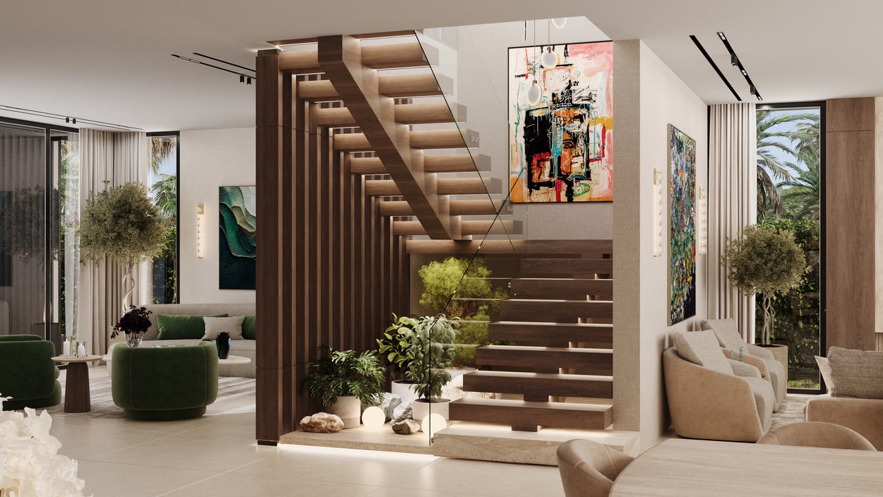 Modern living room with a floating wood staircase, glass railing, abstract art, and views of palm trees.