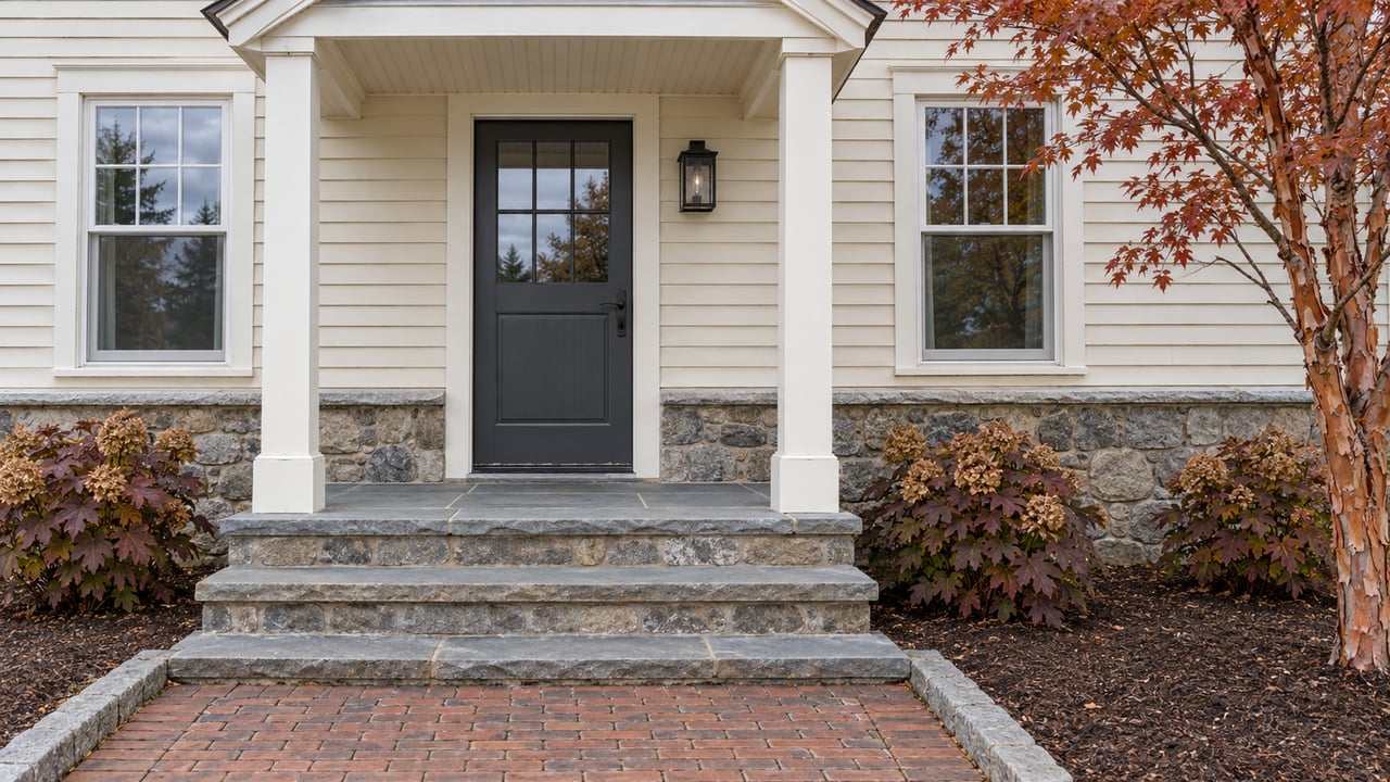 Ivory clapboard home entrance with a charcoal door, fieldstone base, bluestone steps and autumn planting.