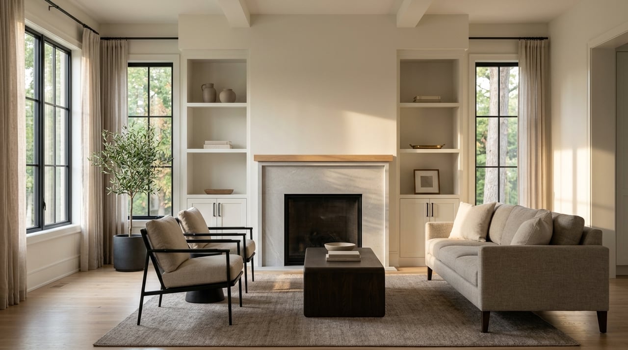 Living room with a honed limestone fireplace, oak floors and mantel, and black steel windows.