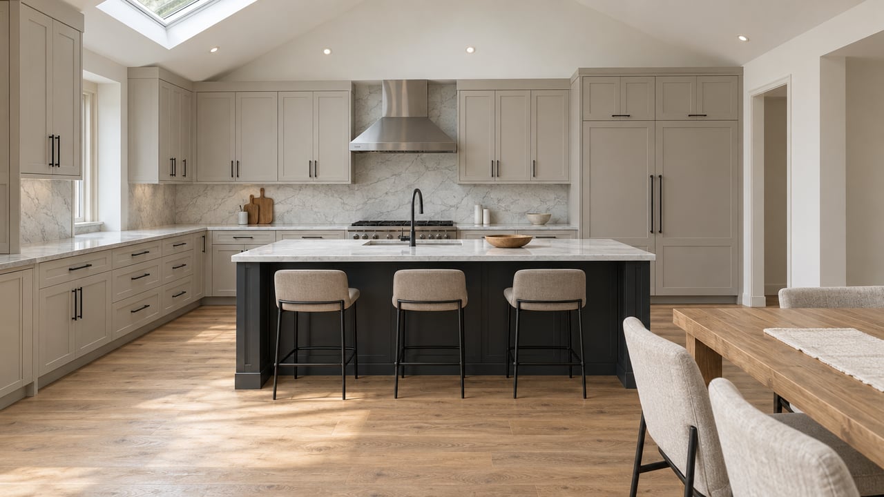 Kitchen with dark-base island, greige cabinets, skylight, oak dining table, and light-oak flooring.