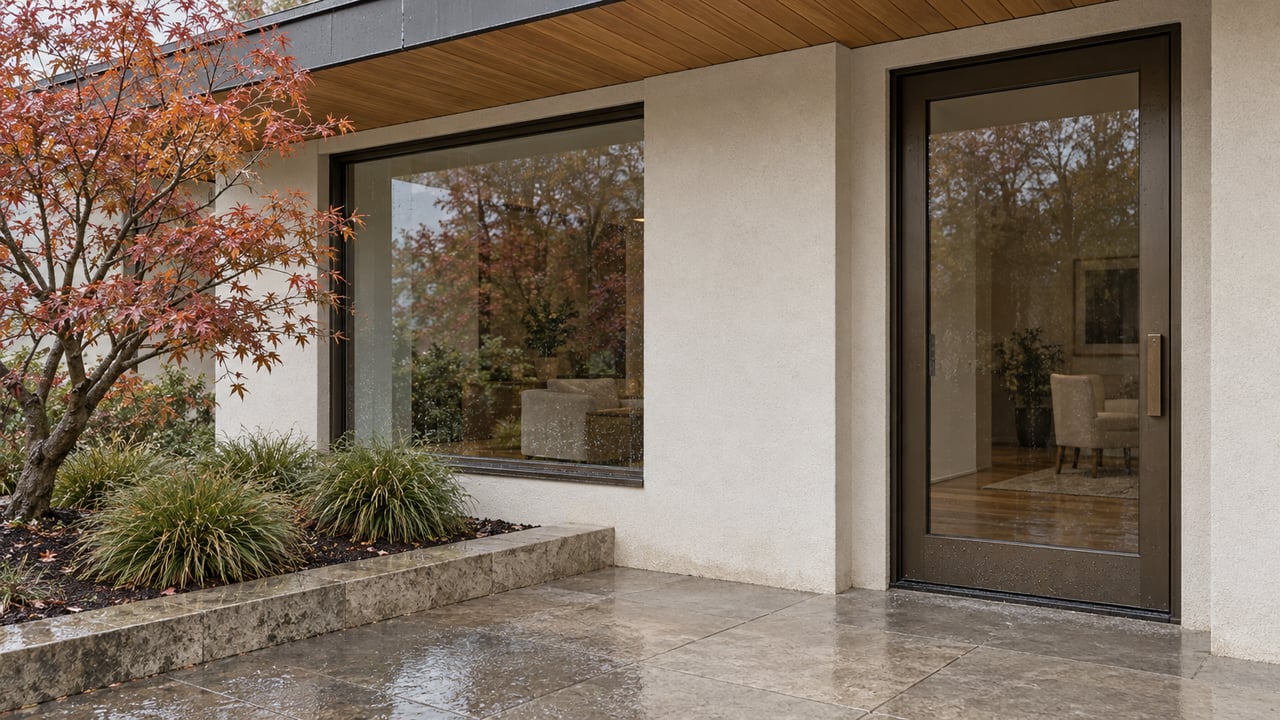 Rain-softened limestone entry beneath an oak soffit, with bronze-framed glass, cream stucco and a copper-leaved Japanese maple.