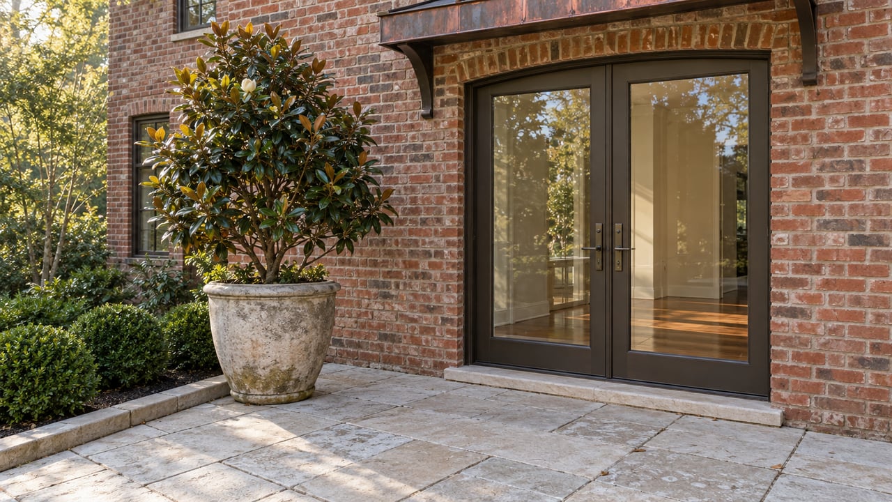 Warm brick and paired bronze-framed glass doors beside a potted magnolia on a gently weathered limestone terrace.
