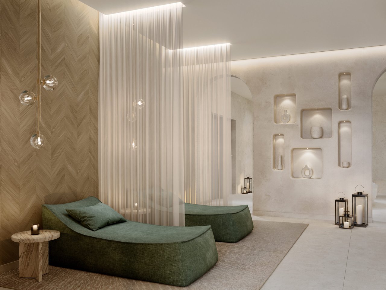 Upscale lounge with curved green chaise seating, sheer curtains, and illuminated wall niches.