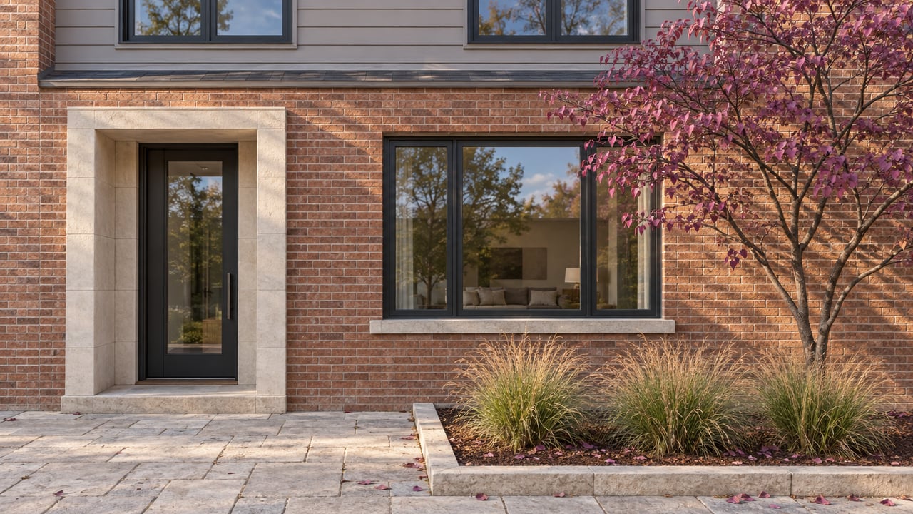 Compact attached home with gray siding, brick ground floor, recessed entry, and a redbud tree beside the window.