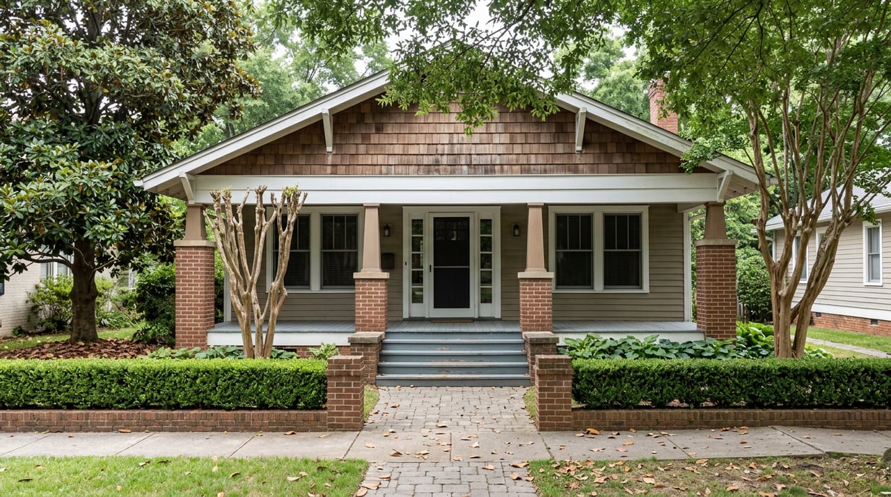 Craftsman bungalow with a deep porch, brick piers, wide steps, and magnolia leaves scattered across the front walk.