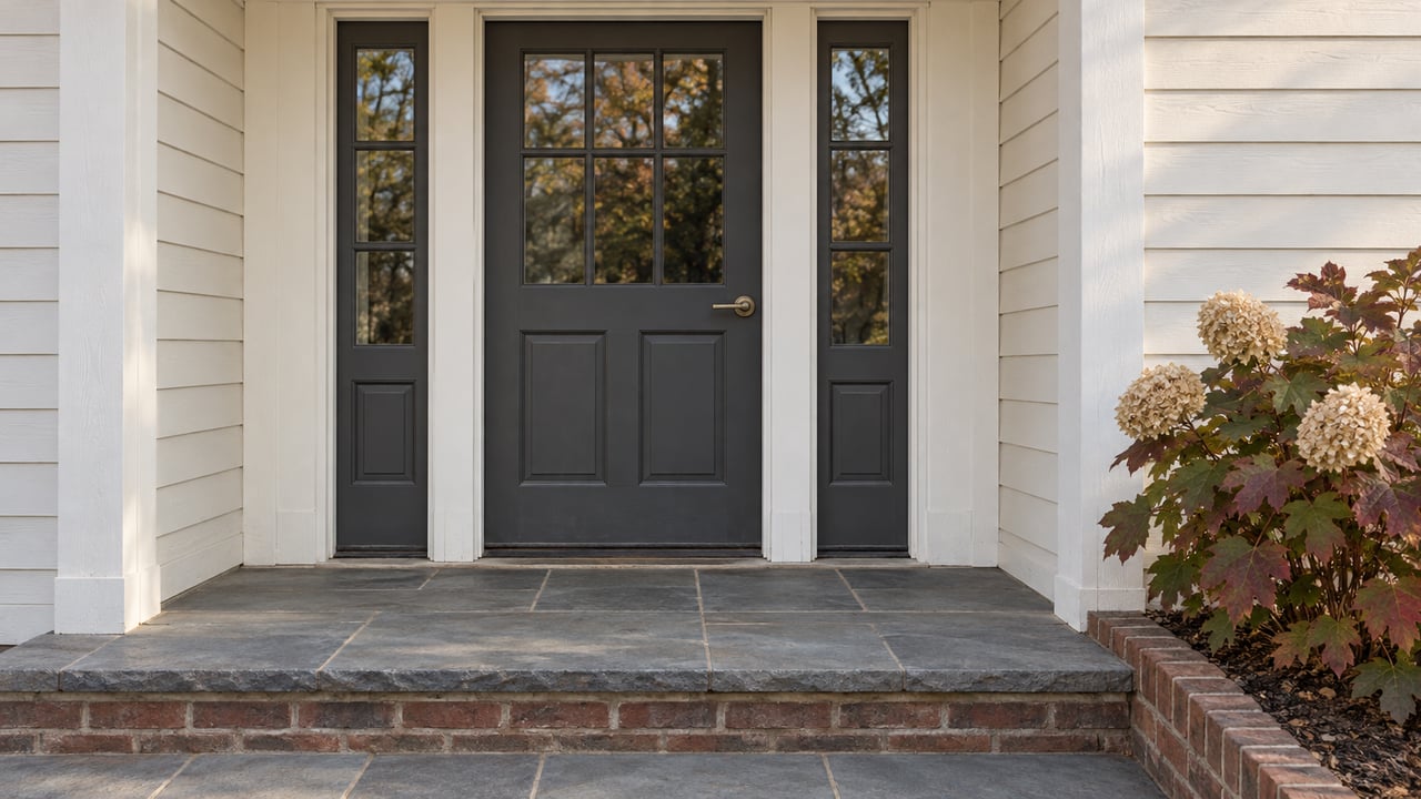 Divided-light charcoal front door with white wood trim, a weathered stone stoop and autumn oakleaf hydrangea.