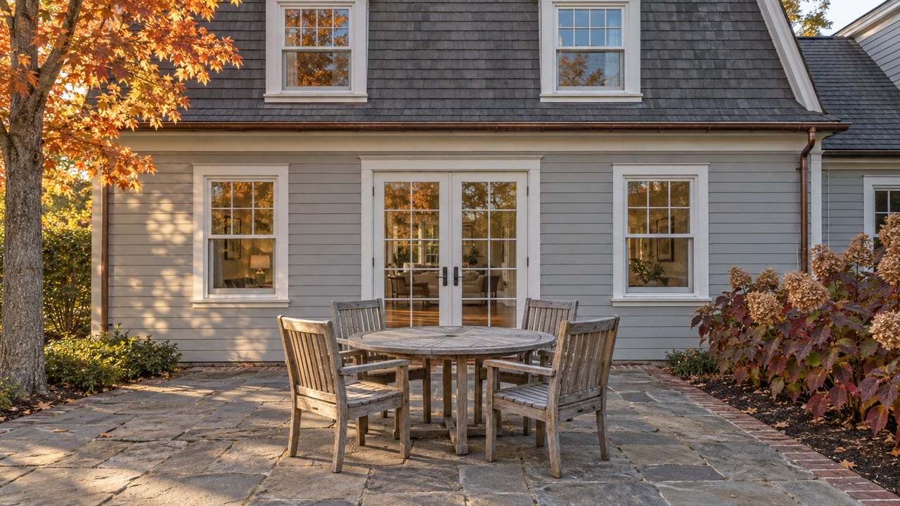 Autumn sunlight on a gray clapboard home's bluestone terrace with a weathered teak table and four chairs.