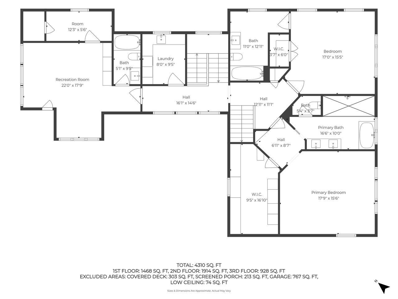 Three-level home floor plan with bedrooms, bathrooms, recreation room, laundry, and 4,310 square feet.