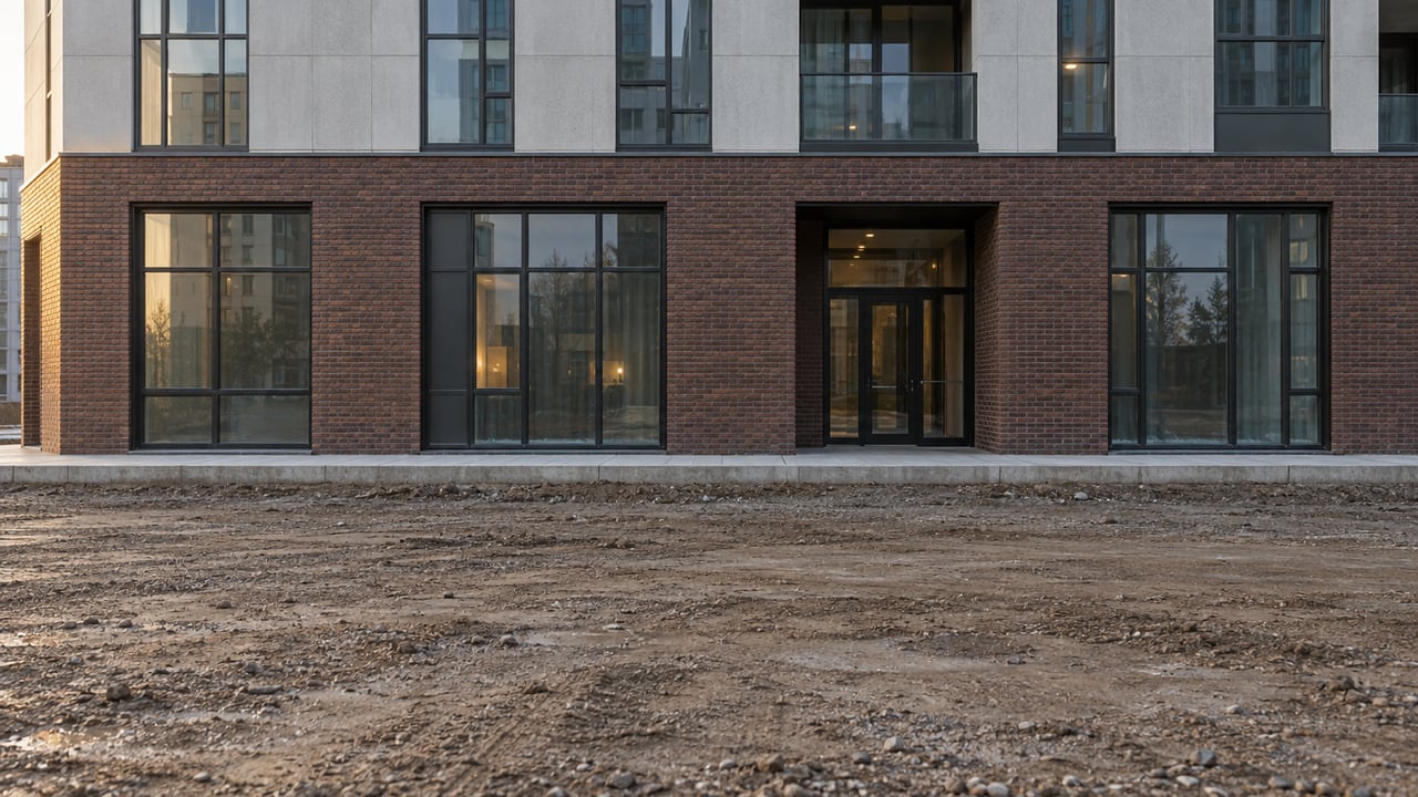 Residential tower with a red-brown brick podium behind a broad, rutted earth building pad.