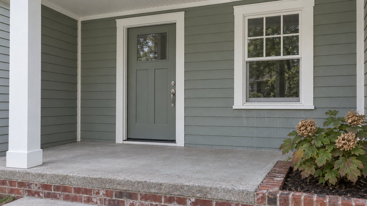 Gray-green clapboard home entry with a white porch post, closed glazed door, double-hung window, concrete step and oakleaf hydrangea.