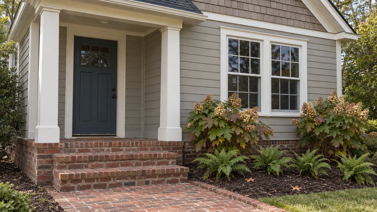 Brick steps lead to a covered cottage entrance with gray wood siding, ivory columns and oakleaf hydrangeas.