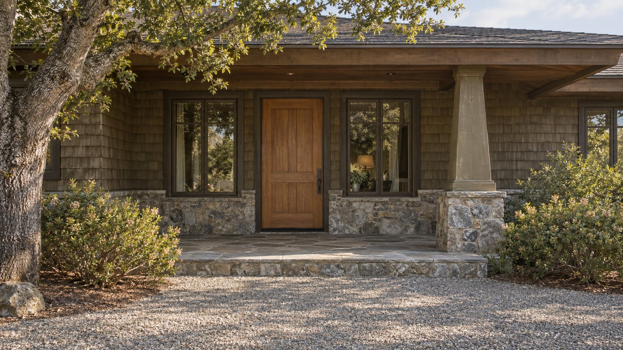 Recessed oak entry in an olive-shingled home, framed by stonework, a porch column, gravel, and open shrubs.